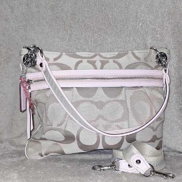 Coach Handbags - Coach Khaki & Pink Shimmer Signature C Shoulder Bag